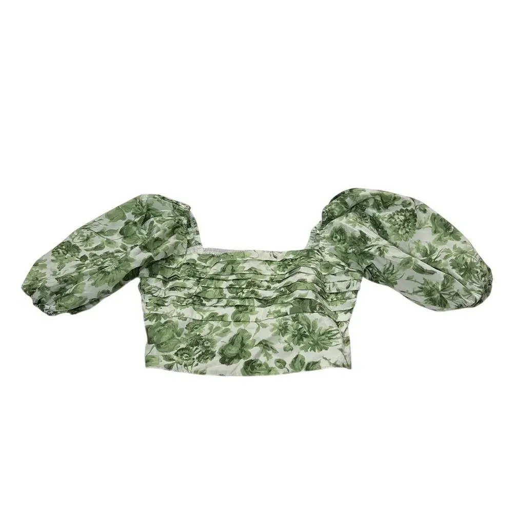 Abercrombie & Fitch Womens M Puff Sleeve Poplin Squareneck Top Green Floral